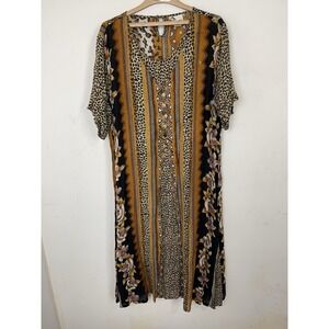 Carolina Bay Vintage Rayon Midi Dress Leopard‎ Floral Tribal Brown Mustard M